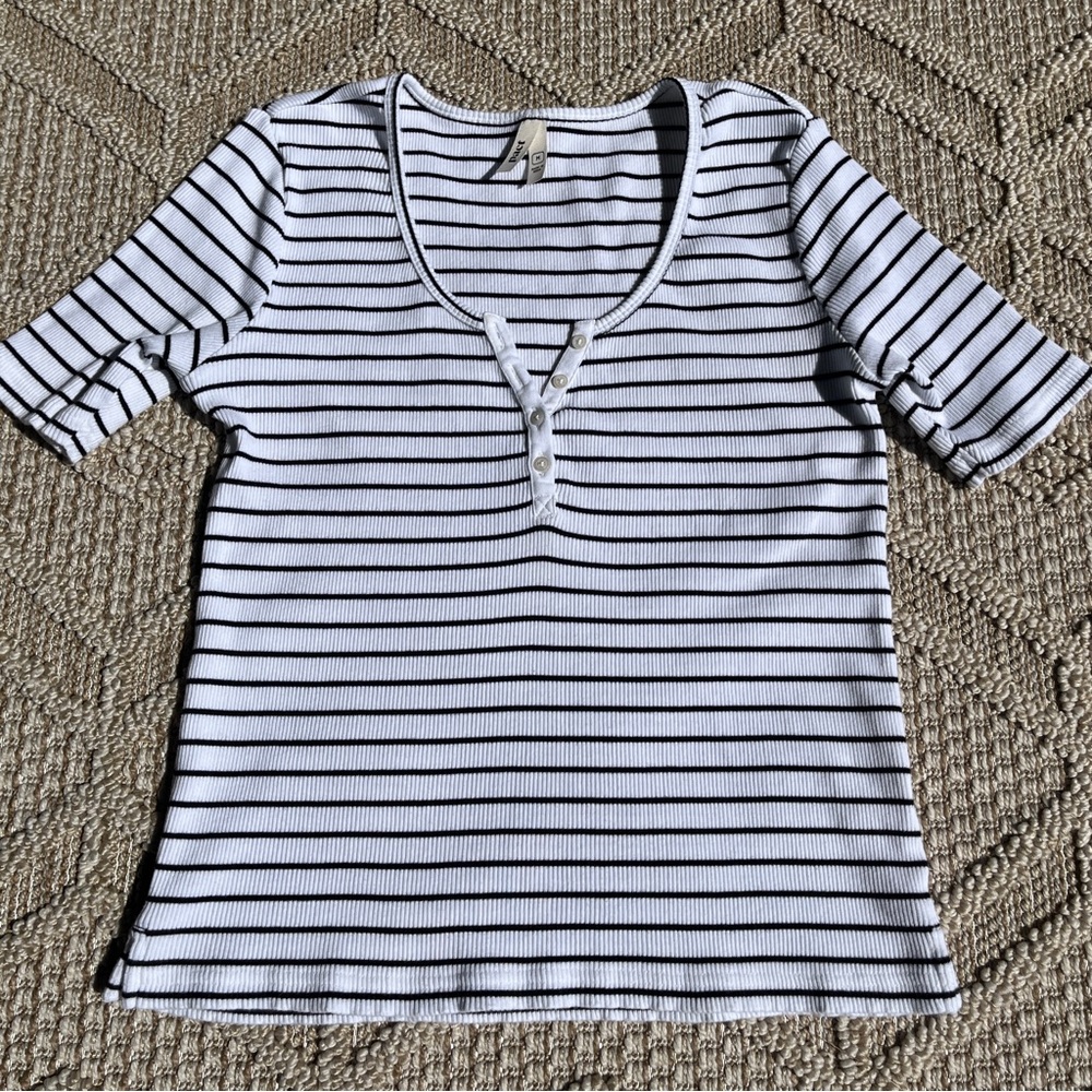 Pact Black and White Ribbed Fitted Top
